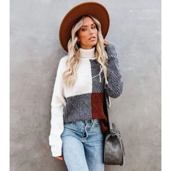 Red & Gray Colorblock Print Cable Knit Turtleneck Long Sleeve Pullover Sweater - Picture 2 of 10